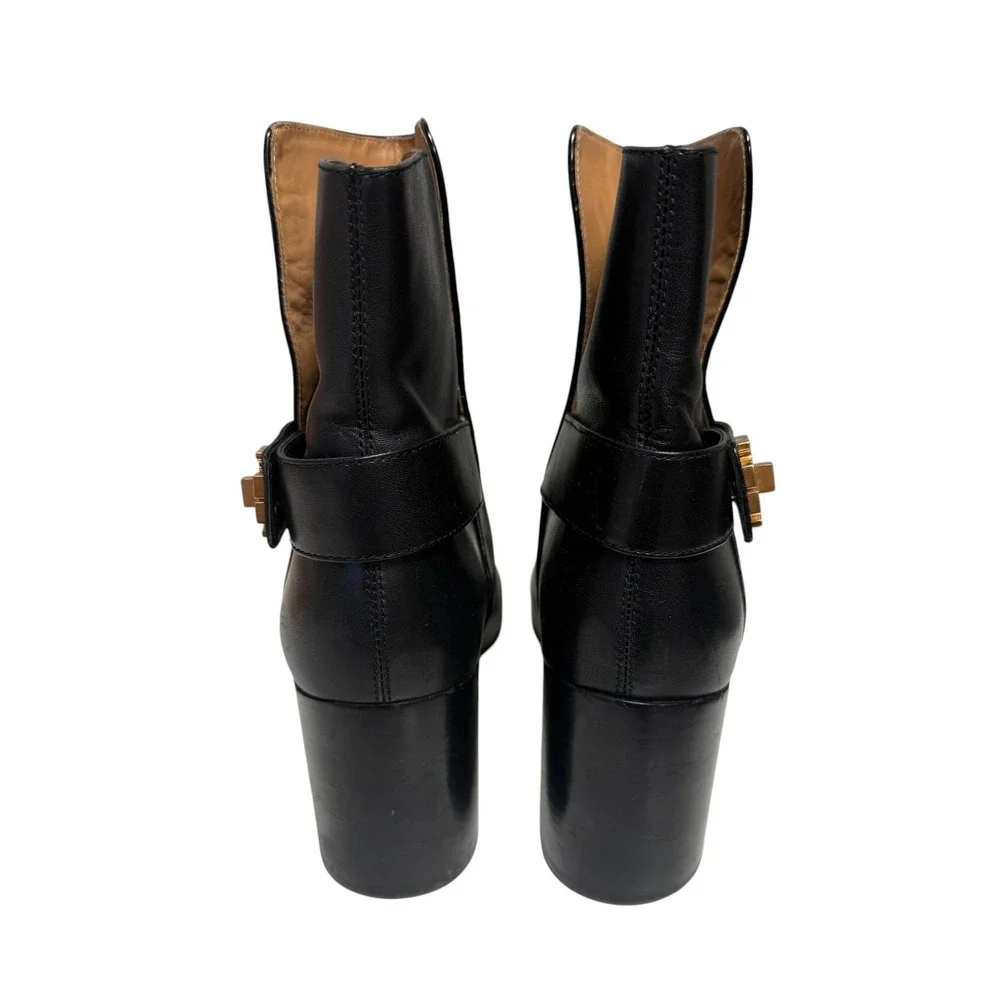 Tory Burch Kira Boots Womens 9M Black Leather Block Heel Gold Minimalist Luxury